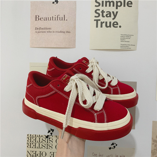  Spring and Summer Breathable Canvas Shoes for Female Students New Korean Style Sports Sneakers Retro Red Low-top Women's Shoes for Shipping