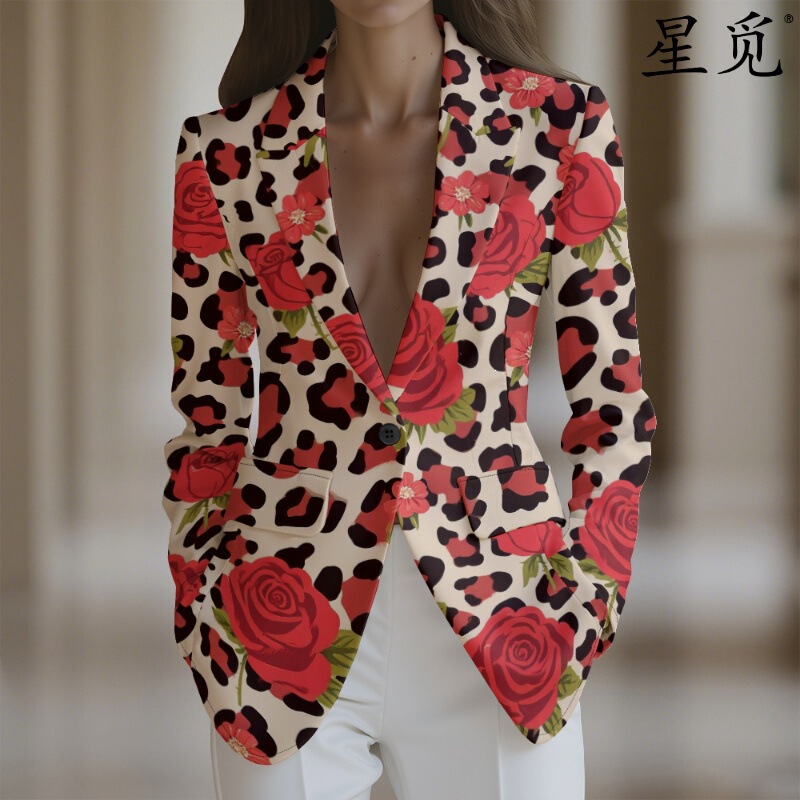 2026 cross-border temu new leopard print casual 3D digital print personalized women's blazer jacket DIY 2026 cross-border temu new leopard print casual 3D digital print personalized women's blazer jacket DIY