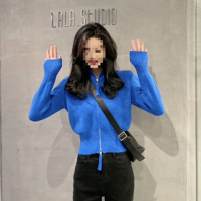 克莱因蓝小个子短款毛衣外套女连帽双拉链设计感修身显瘦针织开衫
