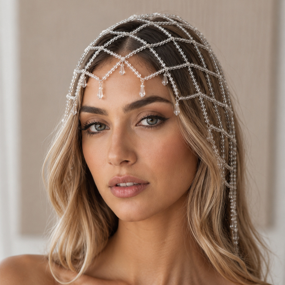 Bohemian style hollow beaded long hair chain with water drop mesh headpiece, exotic hair accessory