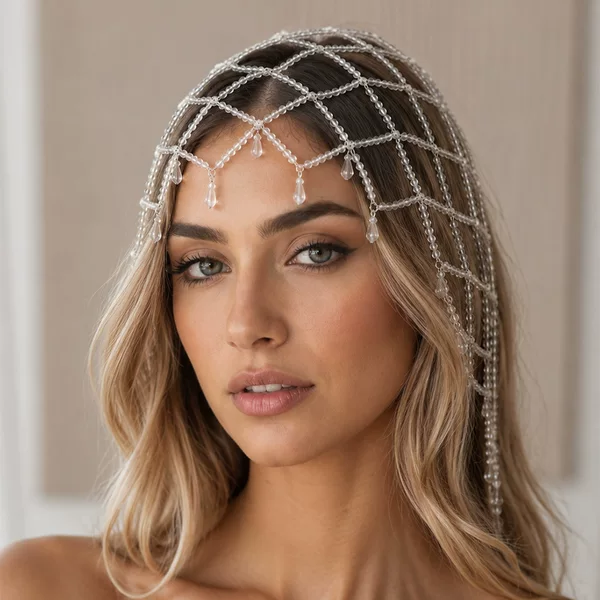 Bohemian style hollow beaded long hair chain with water drop mesh headpiece, exotic hair accessory