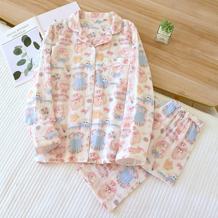 Double layer new cotton gauze digital printing cartoon cute long sleeve long pants home clothes suit factory wholesale