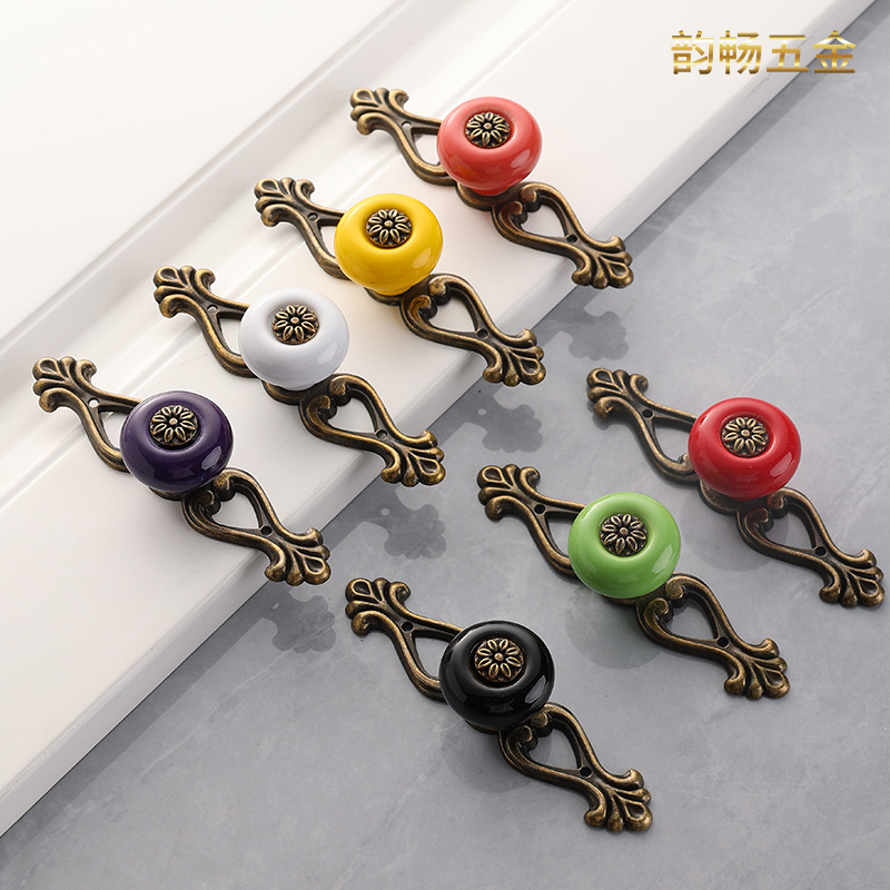 韵畅田园陶瓷纯色抽屉单孔拉手橱柜门把手儿童拉手陶瓷合金拉环
