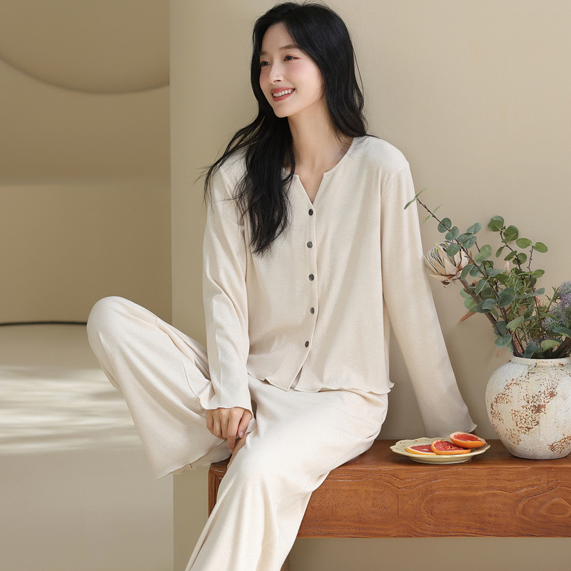 2025 Autumn V Neck Pajamas Women's Long Sleeve Soft Modal Colored Cotton Home Clothes Spring and Autumn Solid Color Thread Suit 2025 Autumn V Neck Pajamas Women's Long Sleeve Soft Modal Colored Cotton Home Clothes Spring and Autumn Solid Color Thread Suit