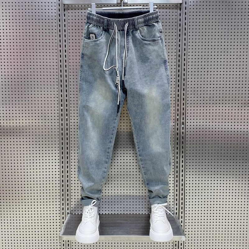 Summer thin men's ripped jeans, loose and trendy cropped with drawstring elastic casual Harlan pants, dad pants_voghion.com