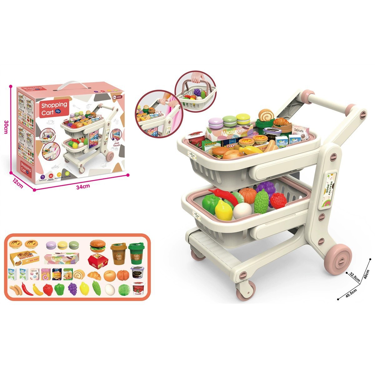Comercio exterior infantil simulación de supermercado de doble capa de frutas y verduras carro de compras plano a través del juego de juguetes de supermercado
