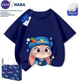NASA疯狂动物城儿童夏季纯棉T恤2026新款卡通洋气中大童圆领短袖