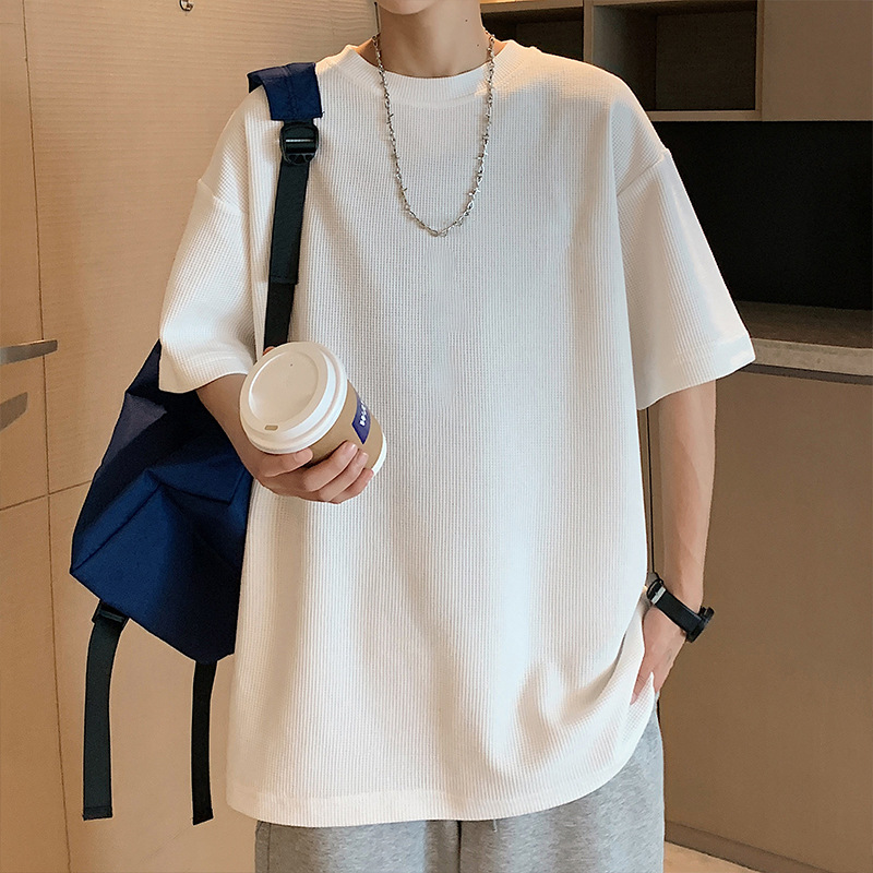 Waffle manga corta hombres marca de moda japonés verano camiseta oversize Ruan guapo simple fresco ropa pesada