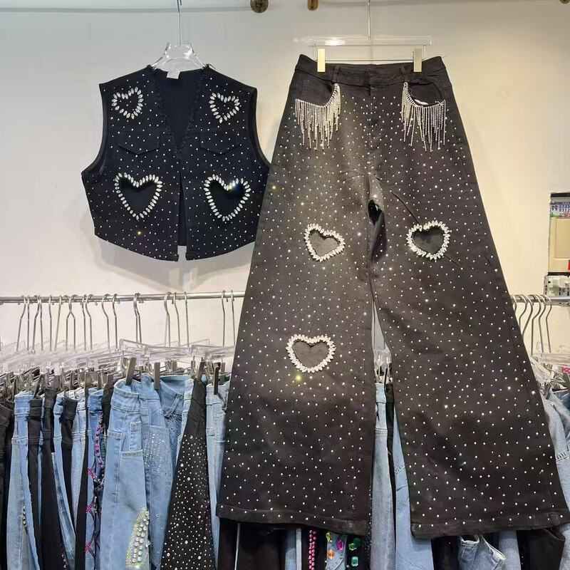 Spring 2025 Washed Denim Vest Double Heart Shaped Shoulder Heavy Industry Fashion Sticker Diamond Slim Straight Jeans