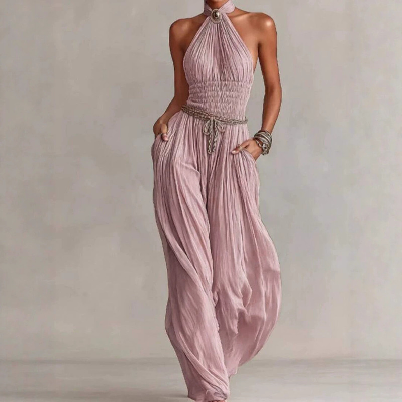 European and American Women's Fashion 2026 Summer New Jumpsuit, Stylish Halter Neck Ruched Wide-Leg Pants European and American Women's Fashion 2026 Summer New Jumpsuit, Stylish Halter Neck Ruched Wide-Leg Pants