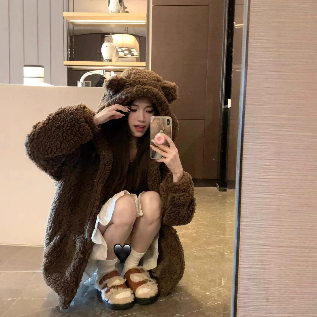 Допамин ягненка шерсть куртка женская осень-зима 2023 свободный дизайн милый медведь уши свитер топ