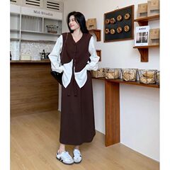 大码女装早秋穿搭套装2025遮肚显瘦假两件上衣A字半身长裙两件套