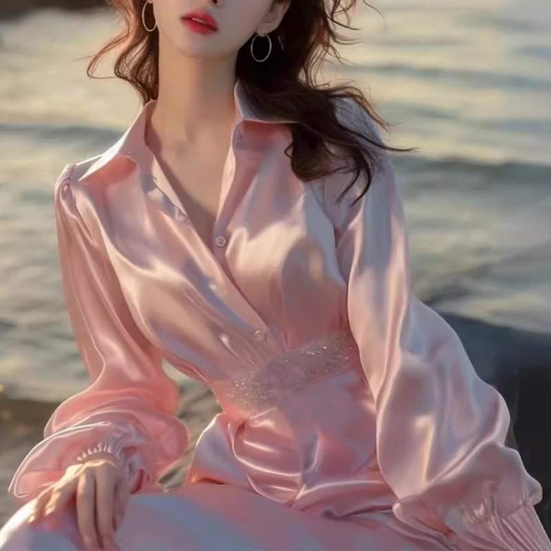 Pink Satin Shirt Dress, New Spring 2026 Women's Fashion, High-End, Exquisite, and Stunning Mini Dress for the Beach