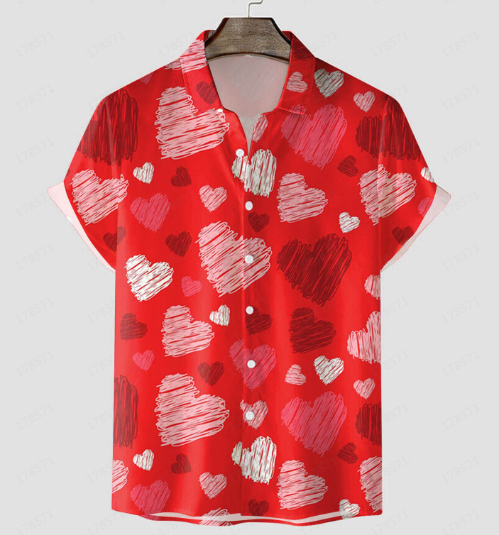 Camisas nuevas para hombres de comercio exterior europeo y americano transfronterizo Serie del día de San Valentín Camisa casual de manga corta con estampado digital 3D