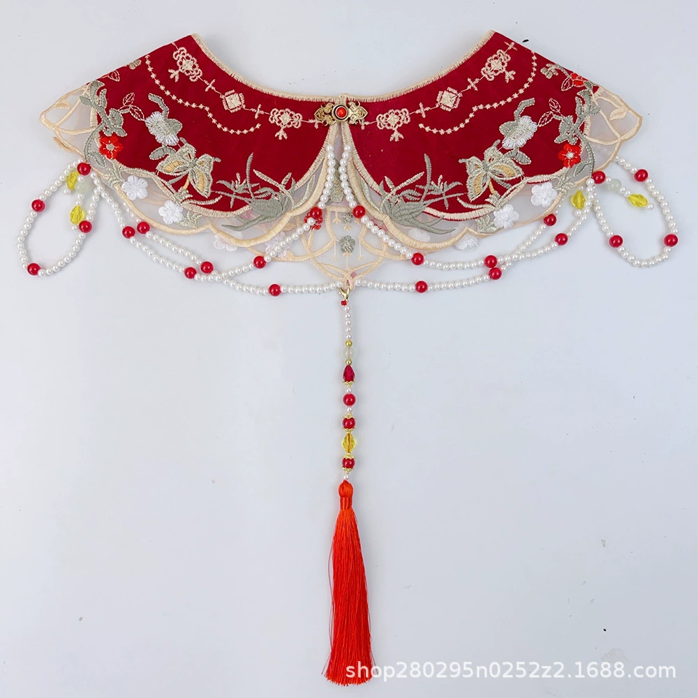 Красные цветы бабочки вышитые облачные плечи жемчужные подвески шали старинный китайский стиль бархатный аксессуар накладной воротник