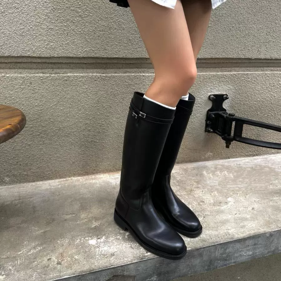 牛皮版~韩版圆头粗跟长筒靴女25年简约百搭气质直筒侧拉链骑士靴