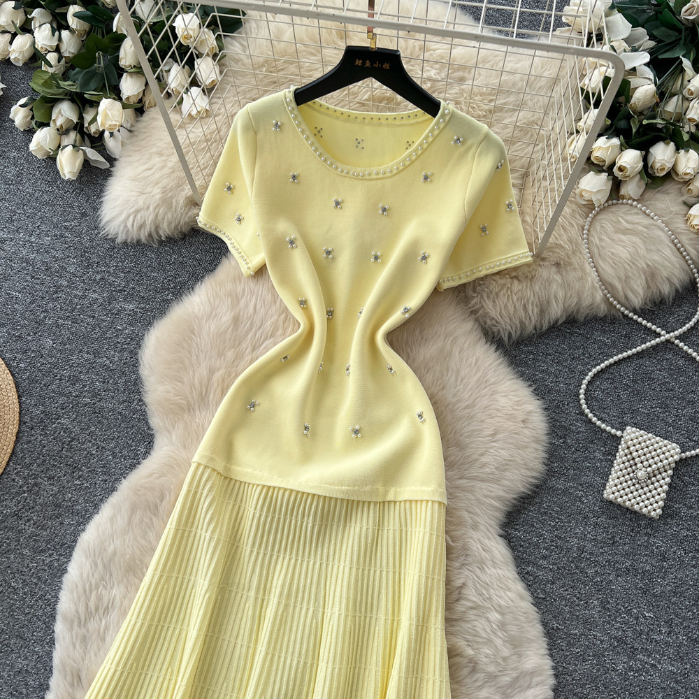 Women's French Style Beaded Short Sleeved Dress Summer Gentle Feminine High Waisted A-Line Skirt Slimming Flattering for Commuting_ecoleips.com