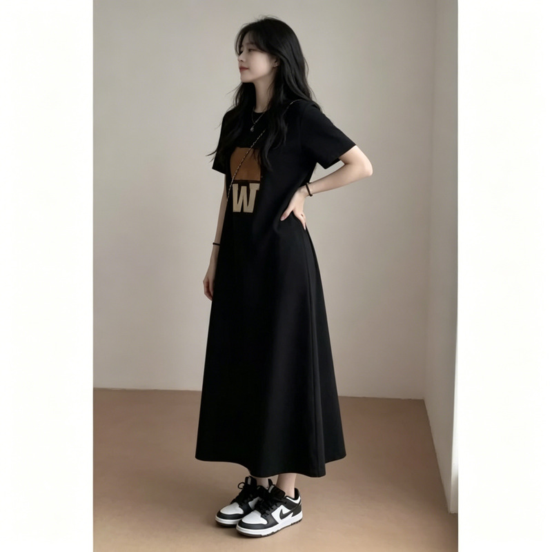 Extra Large Size 150kg Plus-Size Long Short-Sleeve T-Shirt Dress for Women, Summer Loose-Fitting Over-The-Knee Straight Dress, Age-Reducing