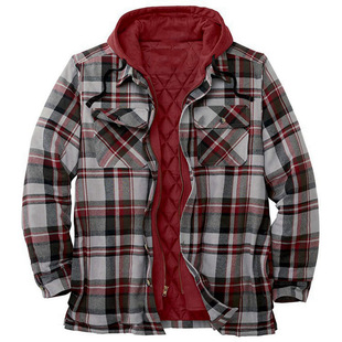 Amazon hot sale men's clothing European and American classic plaid printed cotton-padded coat plus size hooded shirt coat SY0004