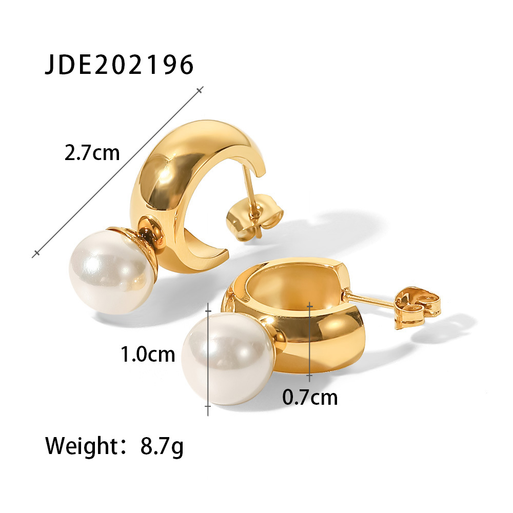 Fashion C Shape Stainless Steel Ear Studs Gold Plated Inlay Pearl Stainless Steel Earrings