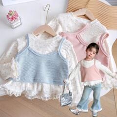 女の子の新型子供の洋気のニットベストの花のレースの底のシャツの2つのセットの赤ちゃんの春の服の0120A061
