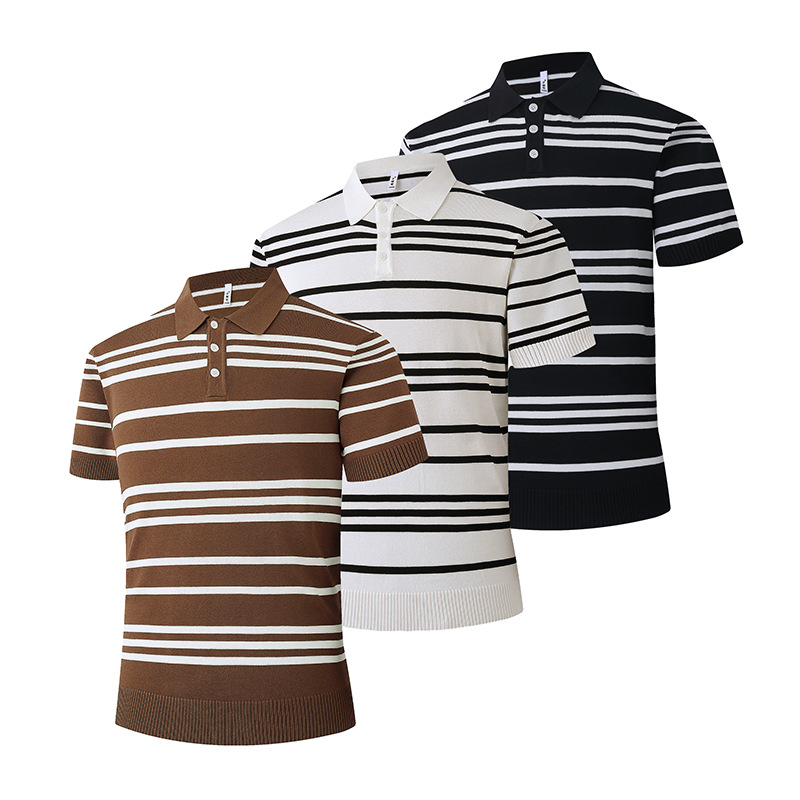Polo camiseta de punto camiseta de manga corta hombre con solapa rayas viejas camisetas de hielo de negocios de verano fábrica transfronteriza al por mayor