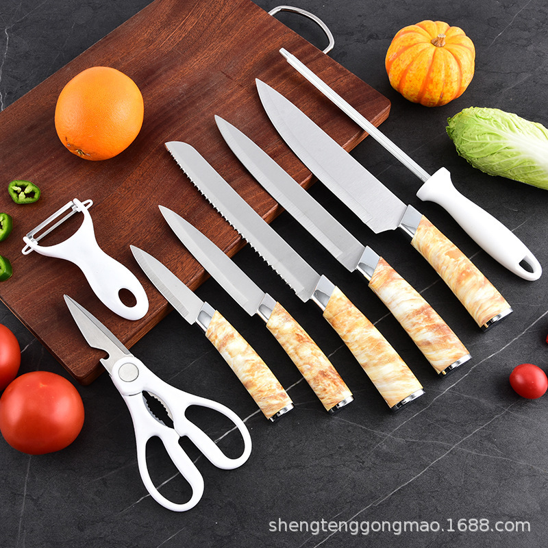 Cabeza de doble galvanoplastia cubierta por lotes mango de mármol con soporte para cuchillo cuchillo de chef cuchillo de fruta serie de utensilios de cocina