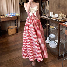 甜心莓莓 甜美少女蝴蝶结格纹吊带裙V领显瘦减龄A百摆连衣裙 夏季