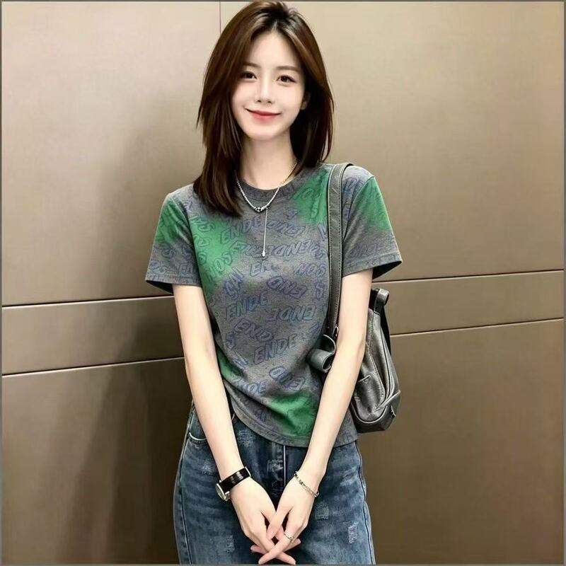 New Trendy Women's Fashion 2026 Color-Block Letter Print Short-Sleeve T-Shirt Summer Slimming Loose Design Versatile Top