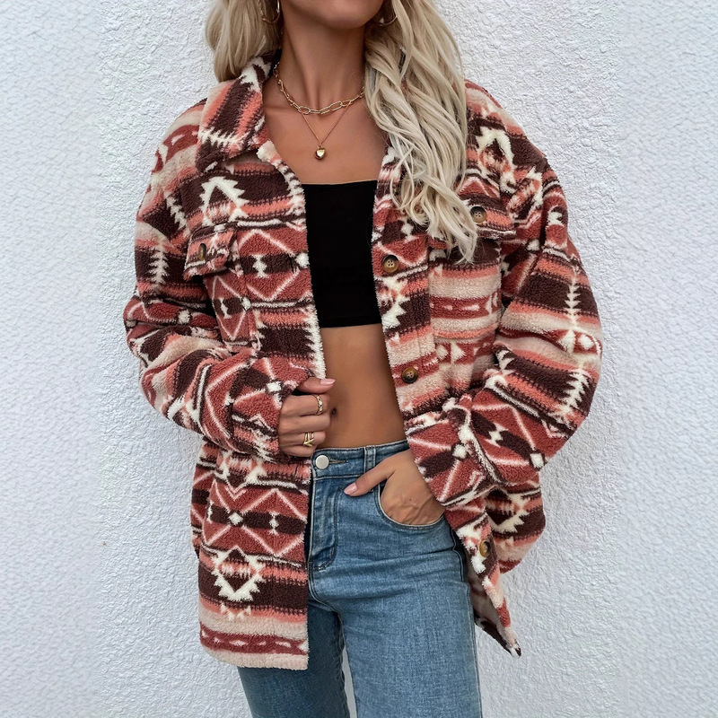 European and American Women's Western Aztec Print Jacket, Faux Fur Lapel, Long-Sleeve Vintage Coat, Cross-Border Color-Blocking
