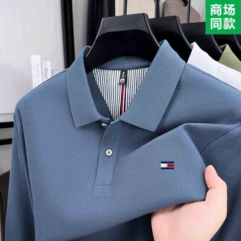 Tommy Pure Cotton Men's Autum Lapel Long-Sleeved T-Shirt Middle-Aged Casual Embroidered High-Quality Polo Shirt Breathable Top