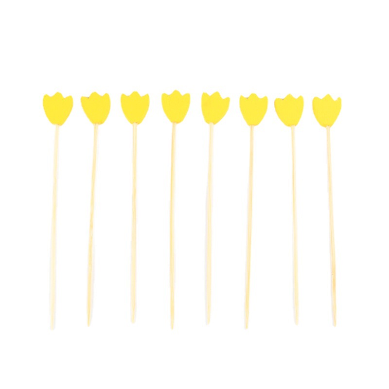 Flores amarillas al por mayor fichas de fruta desechables tenedor de fichas de fruta de grado alimenticio productos de bambú en stock