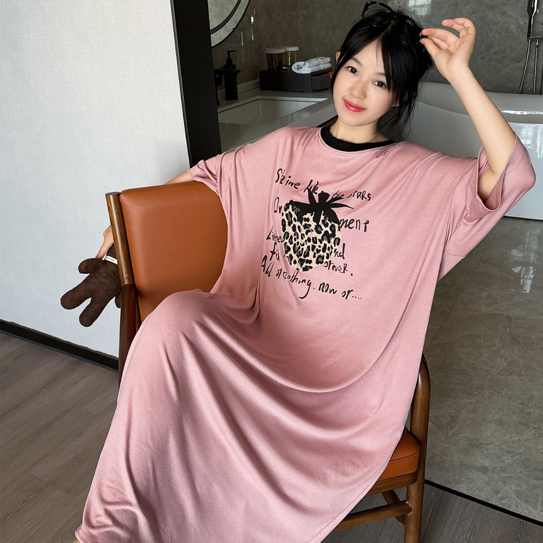 레오파드 딸기 반팔 만화 프린트 긴 잠옷 여성 여름 캐주얼 플러스 사이즈 잠옷 여성 여름 코튼 홈웨어