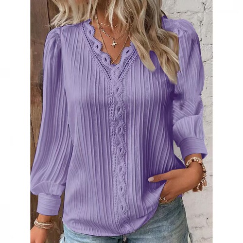 2025 Independent Station Wish Autumn Long-Sleeve V-Neck Lace Splicing Blouse Women's Shirt Women's Clothing