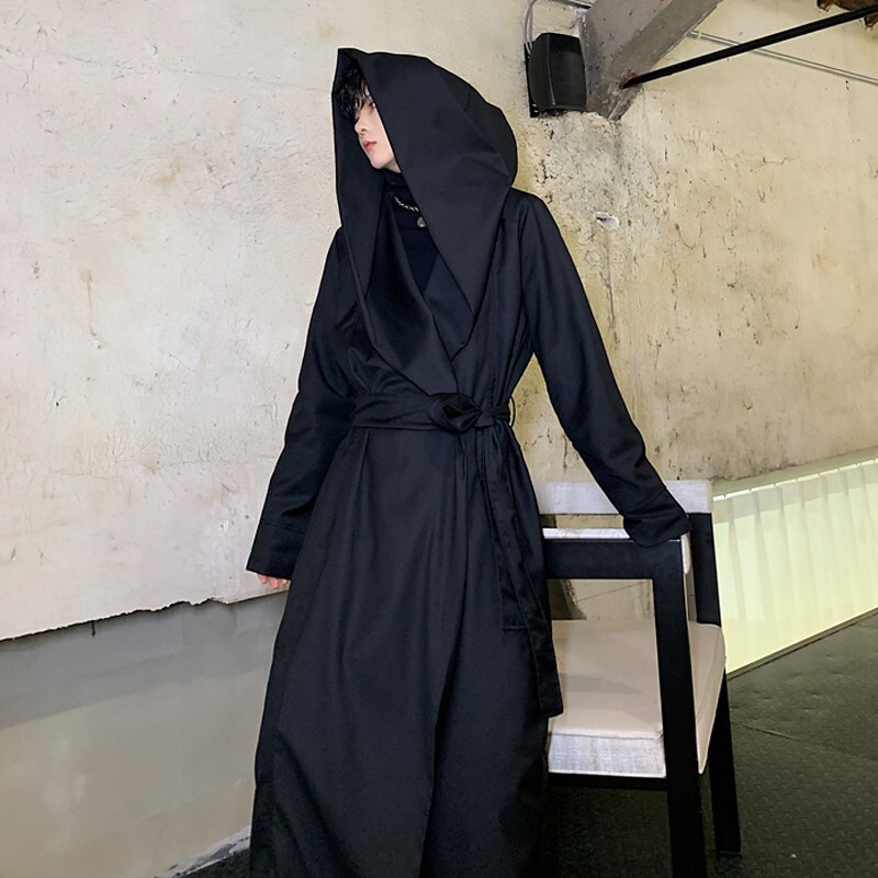 New spring and autumn witch hat long niche knee-length non-buckle windbreaker trendy men's cloak hooded coat manufacturers New spring and autumn witch hat long niche knee-length non-buckle windbreaker trendy men's cloak hooded coat manufacturers