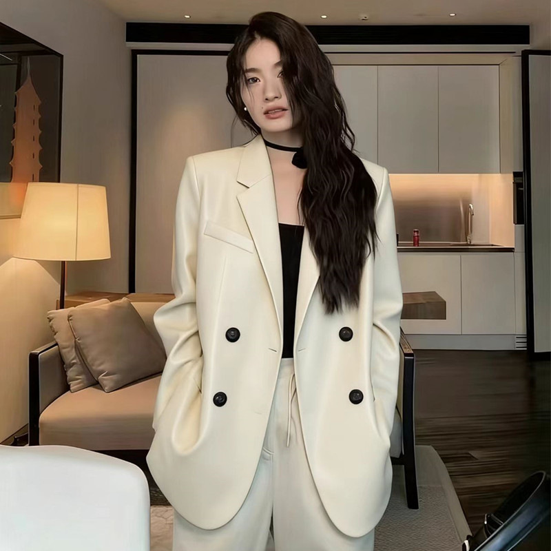 Off-White 2026 Spring and Autumn New Leather Jacket for Women, Korean Style Versatile Design, Trendy and Elegant with a Suit Collar
