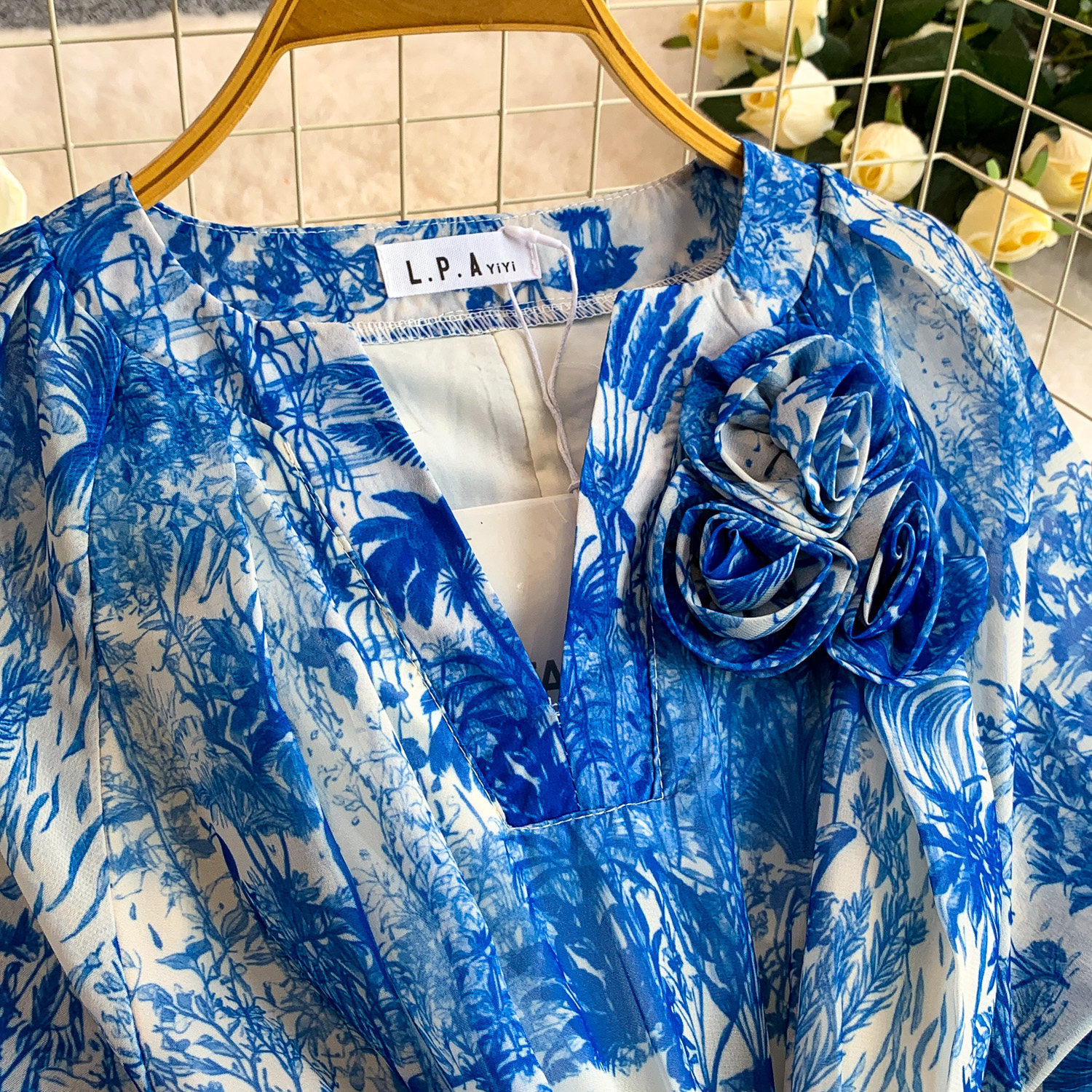 Women's Light French Romantic Style Tie Dye Floral Print Round Neck Dress Three Dimensional Flower Summer Slimming Pleated Long Skirt_ecoleips.com