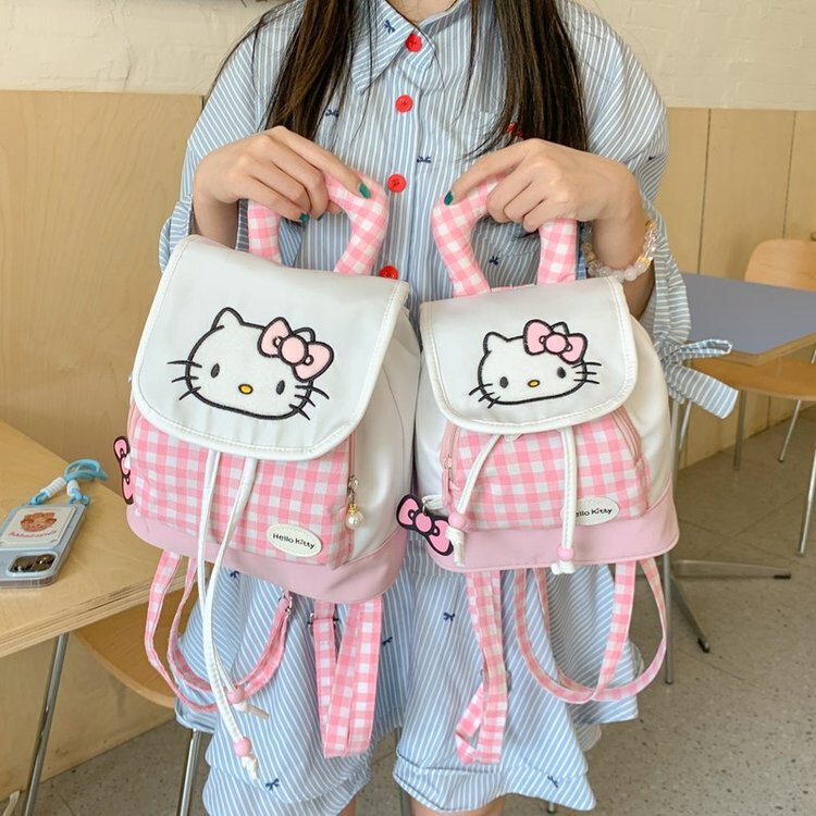 Korean Style Ins Cute Kitty Cat Drawstring Backpack Cartoon Sweet Portable Flip Hello Kitty Children's Backpack Women