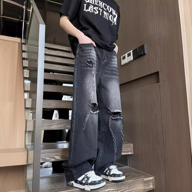 Black Ripped Jeans for Men, Summer Thin Style, Cool and Stylish Design, Niche American High Street Style, Washed Loose Straight Pants