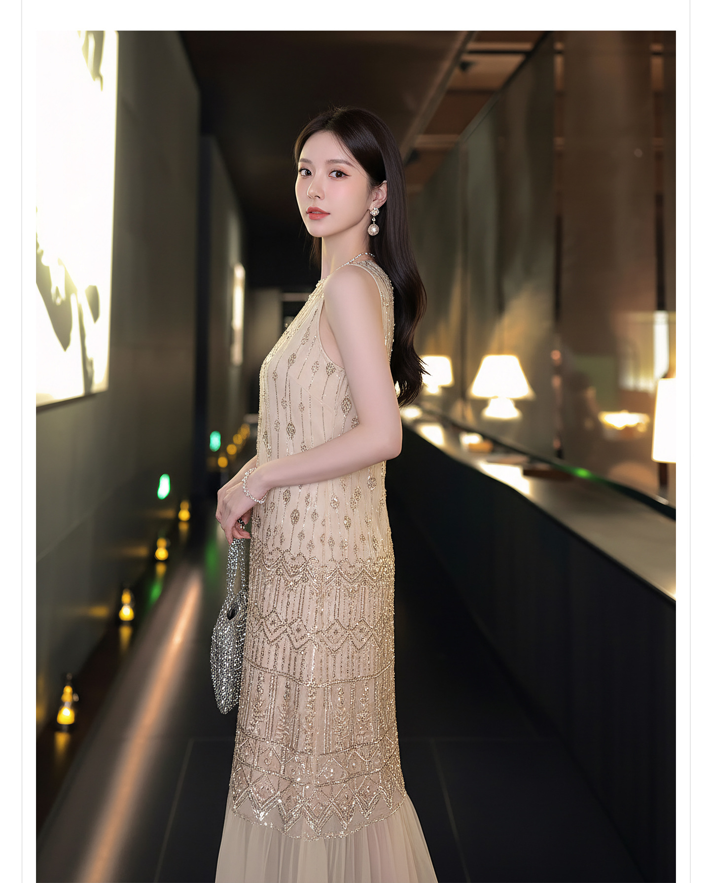 Đầm suông nữ midi không tay phong cách tân cổ điển Trung Quốc, họa tiết sequin lấp lánh — màu trắng ngà chi tiết 4