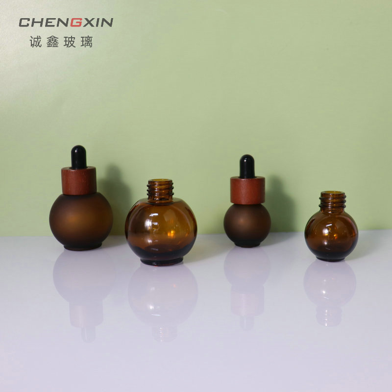 30ml brown spherical bottle, frosted spherical dropper bottle, thick-bottomed serum bottle, small bulb-shaped serum dispensing glass bottle