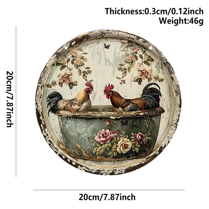 現物のレトロな壁面に田舎の花園の装飾品を飾って古い鉢の中の鶏の図案の木製の円形の標識を作ります。|undefined