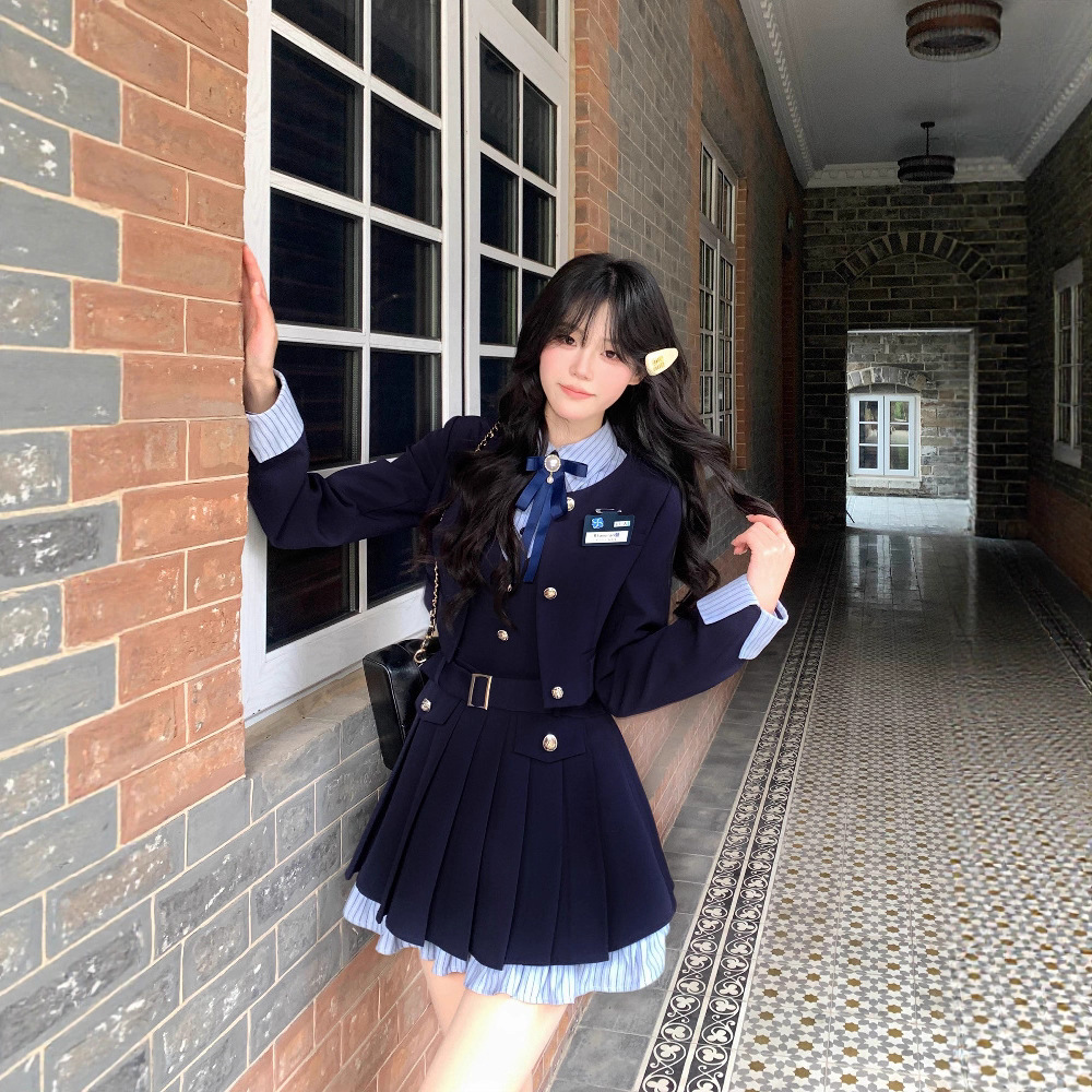 Los College Spring and Autumn Japanese Sweet Jk Uniform Fake Two-Piece Pleated Dress Blazer College Style Set
