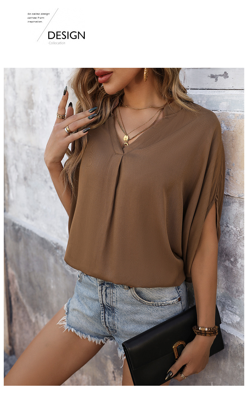 Polyester Fabric Type Regular Top Length Wholesale Women's Vacation Simple Style Solid Color Short Sleeve Blouses