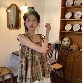 外贸跨境甜系少女穿搭复古系带方领背心小清新格子娃娃衫吊带上衣