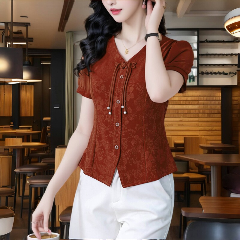 2026 New Style Chinese-Style Summer Shirt for Moms, Slim-Fit Short-Sleeve Simple Commuter Button Design Blouse for Petite Women 2026 New Style Chinese-Style Summer Shirt for Moms, Slim-Fit Short-Sleeve Simple Commuter Button Design Blouse for Petite Women