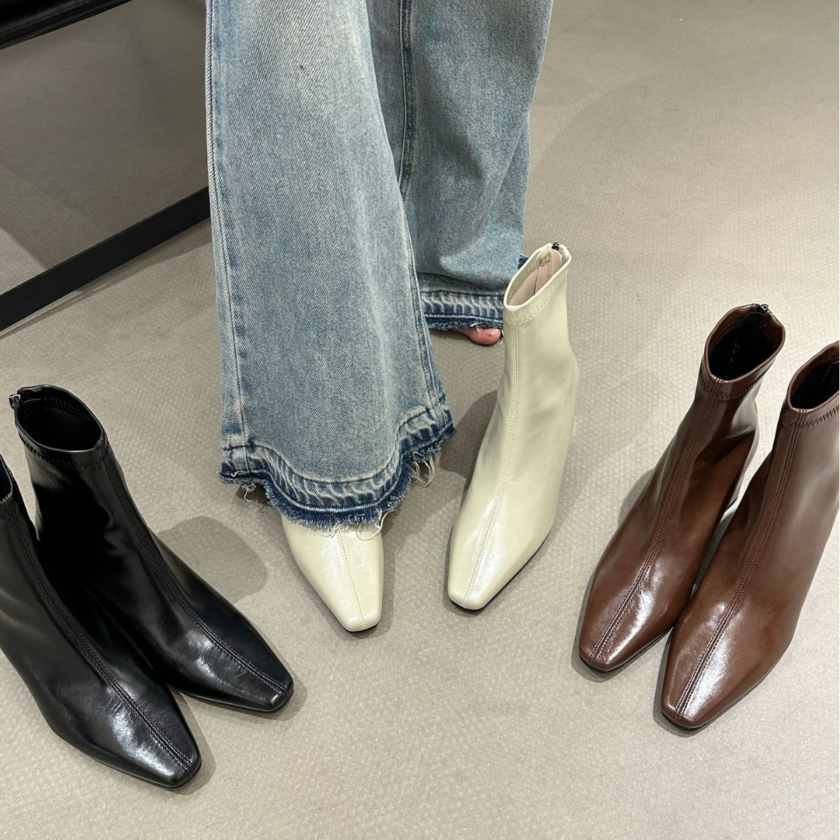 ShoeVault Korean Style Minimalist Soft Leather Stretch Slim Bare Square Toe Chunky High Heel Short Slimming Height Increasing_vogvips.com