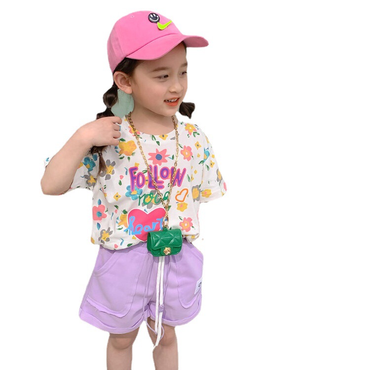 女童韩版甜美短袖2022夏季新款童装碎花字母T恤儿童可爱休闲上衣