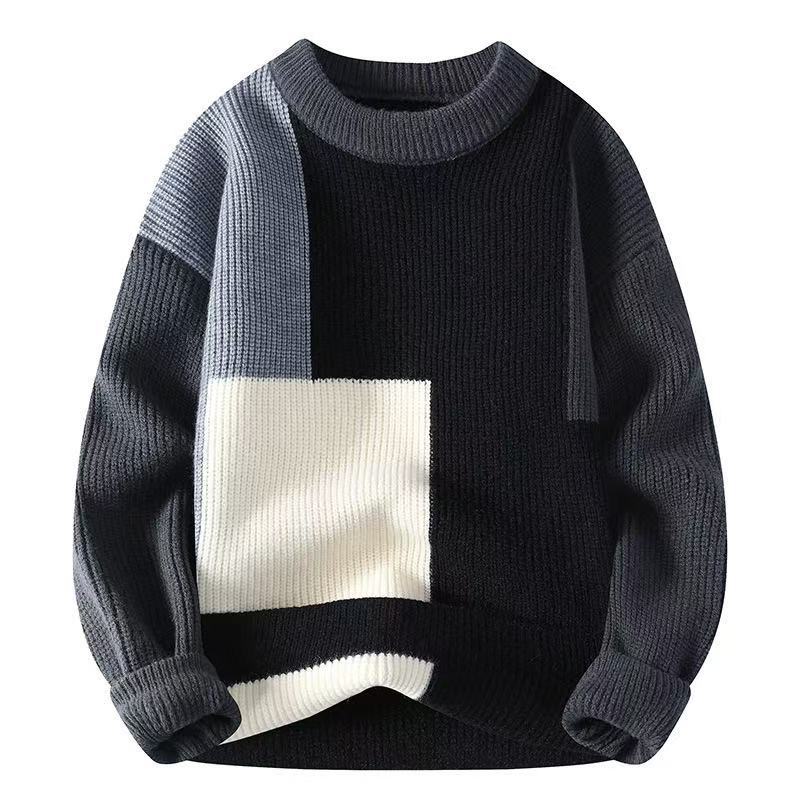 跨境撞色拼接设计毛衣外贸圆领休闲宽松毛衫冬季慵懒风复古针织衫