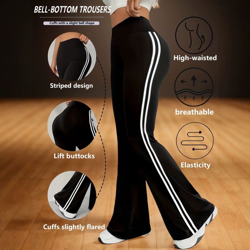 American-Style Side-Striped Flared Sports Pants for Women, High-Waisted White High-Elastic Tummy Control and Butt-Lifting Slimming Flared Pants, Popular Style American-Style Side-Striped Flared Sports Pants for Women, High-Waisted White High-Elastic Tummy Control and Butt-Lifting Slimming Flared Pants, Popular Style